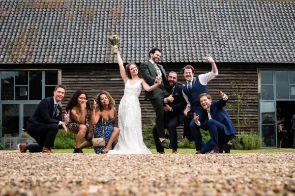 Barns wedding inspiration – group outside Henham Barns wedding venue Barns wedding inspiration - group outside Henham Barns wedding venue